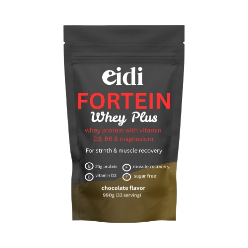 Fortein Whey Plus – Premium Whey Protein with Vitamin D3, B6 & Magnesium – 990g (33 Servings) – Chocolate Flavor – by Eidi