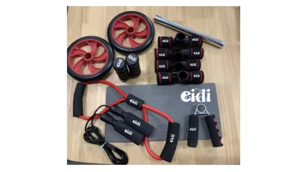 Eidi 6-in-1 Home Workout Equipment Set – Ab Roller, Push Up Bars, Skipping Rope, Resistance Band, Hand Gripper & Knee Mat