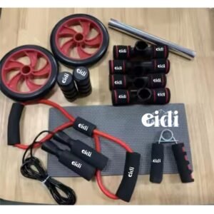Eidi 6-in-1 Home Workout Equipment Set – Ab Roller, Push Up Bars, Skipping Rope, Resistance Band, Hand Gripper & Knee Mat