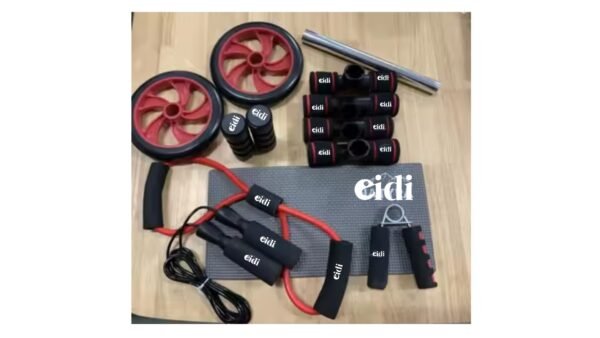 Eidi 6-in-1 Home Workout Equipment Set – Ab Roller, Push Up Bars, Skipping Rope, Resistance Band, Hand Gripper & Knee Mat