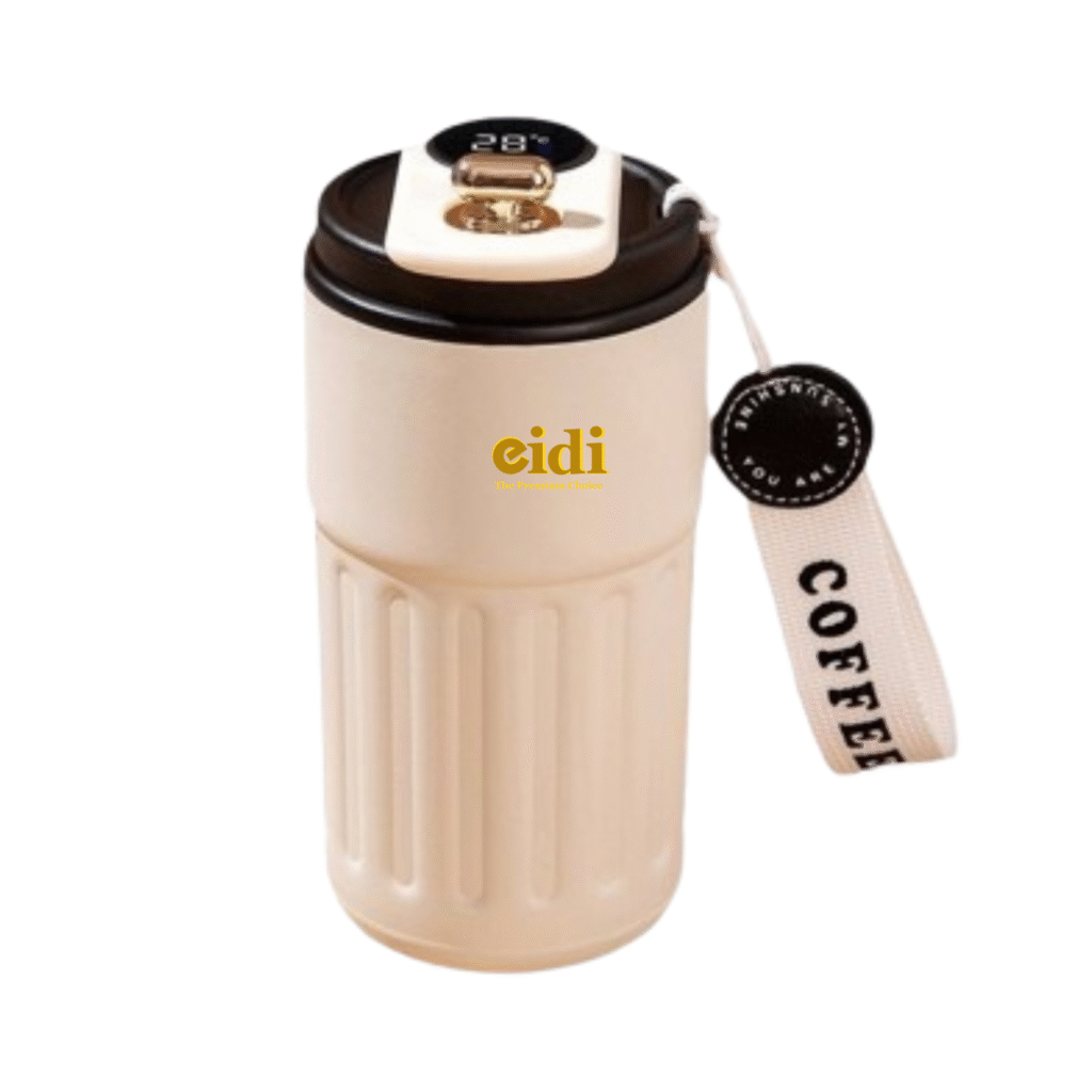 eidi Premium Smart Coffee Thermos Mug – 450ml Stainless Steel Vacuum Insulated Cup with LED Temperature Display Lid | Leak-Proof Portable Travel Flask for Hot & Cold Drinks | Modern Beige Design